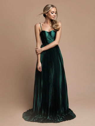 Dark Green  Coloured Satin Dress with Pleated Skirt and Versatile tie back with removable straps.