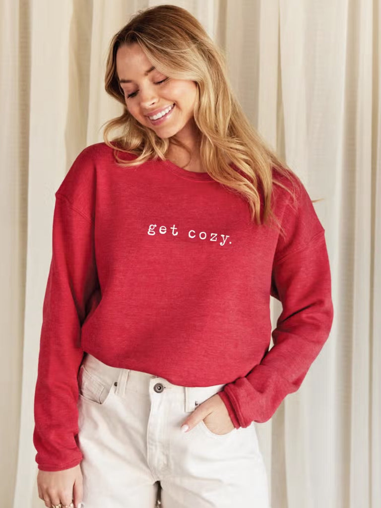 Cranberry get cozy graphic sweatshirt with ribbed cuffs and waistband in a relaxed fit.