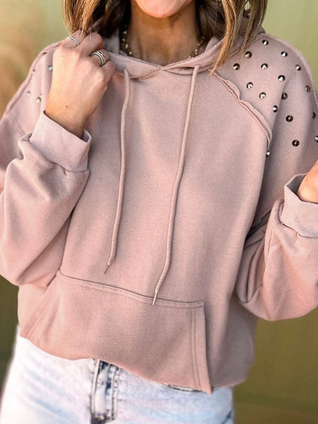 Blush  Stud + Rivet Hoodie , with rivet stud detailing on the shoulders and convenient hood and kangaroo pocket .