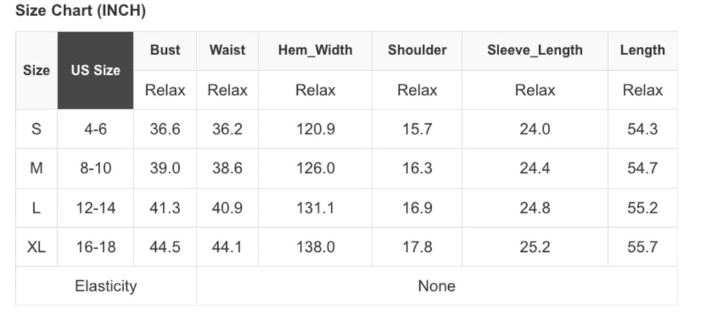 Size Chart for Spanish Boho Maxi Dress