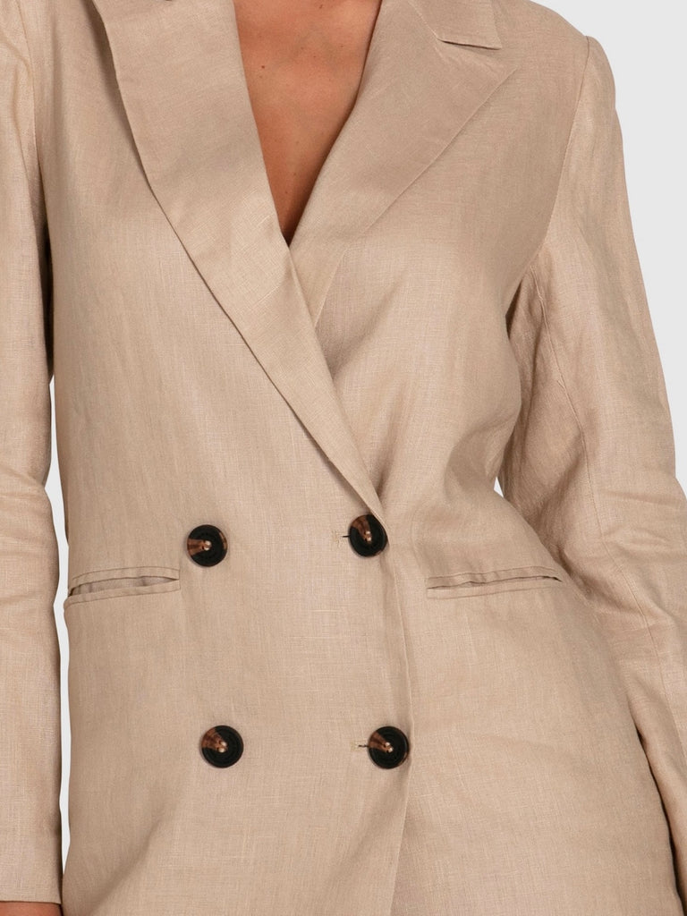 Oversized fit blazer dress in linen can be worn on its own over a mini slip dress or as a jacket with jeans and a crop top