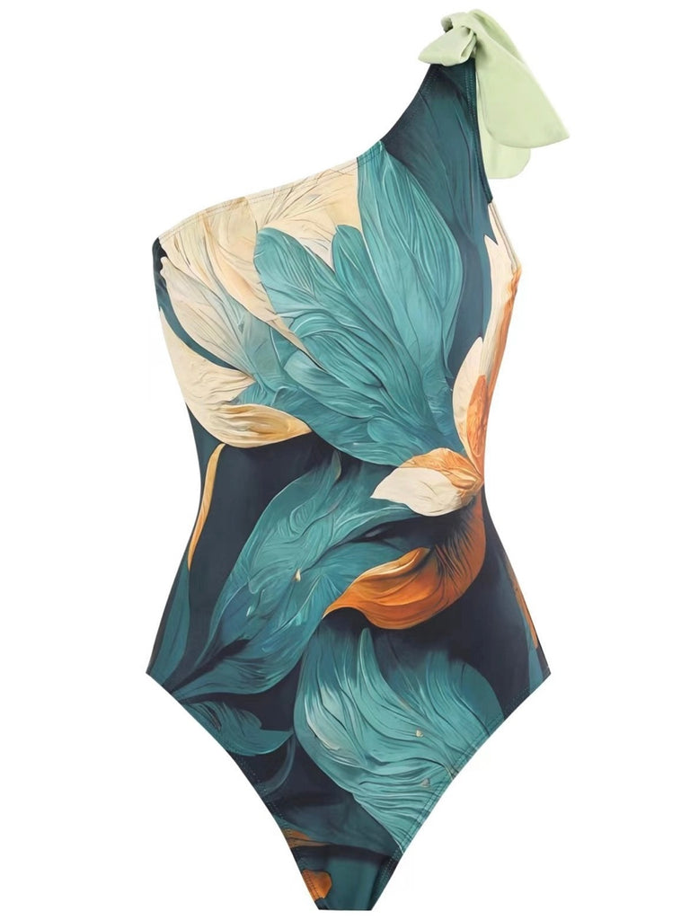 Swim Set , featuring a unique bowtie shoulder, classic shape, and stunning floral print, this one piece swimwear is made with 80% Polyester and 20% Spandex .