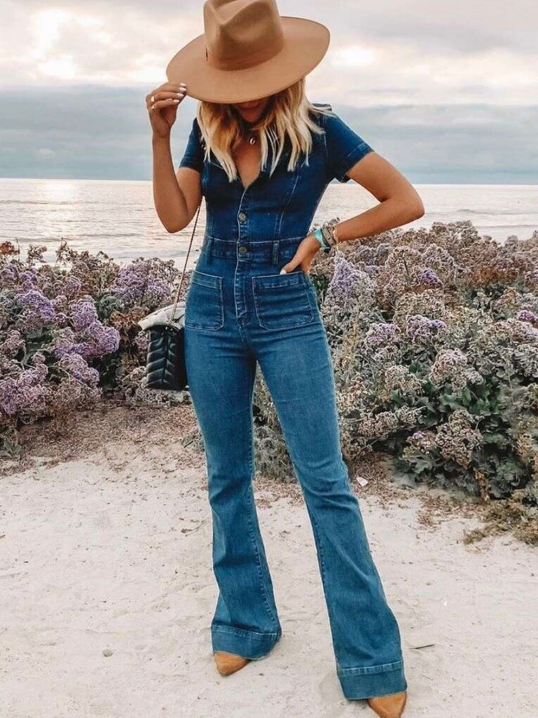 Boho-Inspired Bell Bottom Jumpsuit , with Stretch Denim and functional button-up front practical and stylish.