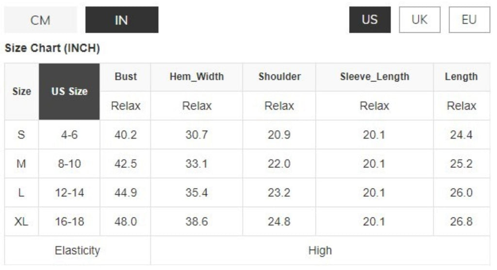 Size Chart for Tie it Back Sweater.