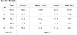 Size Chart for Long Fit Ruffled Hoodie.