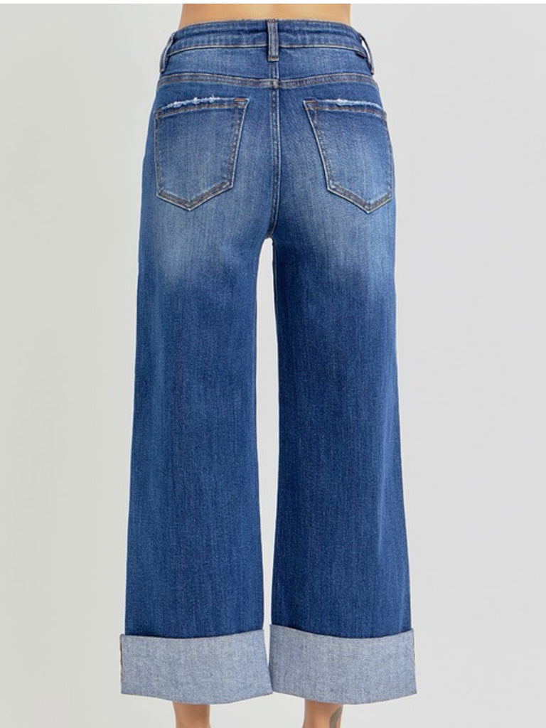 Wide Leg Jeans, with a high rise and wide cuffed ankles,The cotton blend fabric gives a soft, stretchy fit while the ankle length provides a modern touch.