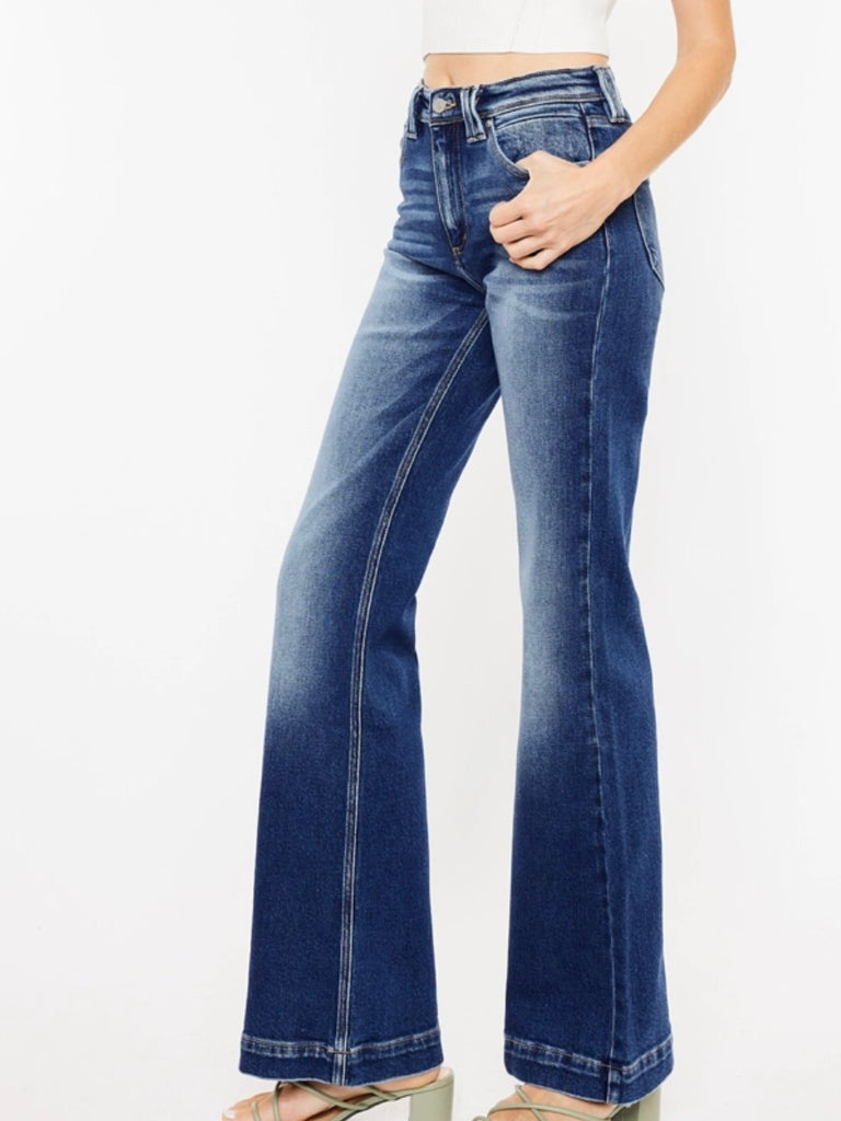 High Rise Faded Flare Jeans, Features a classic five-pocket design, single-button front, and zip-fly closure.