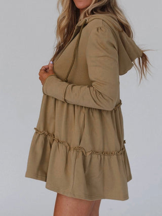 Khaki neutral, Long Fit Ruffled Hoodie , has layered ruffled design and zippered detail with drawstring hood.