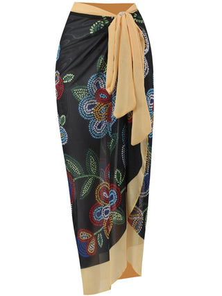 Stretch Fabric and Chiffon wrap with Black Background and Vibrant Floral pattern.