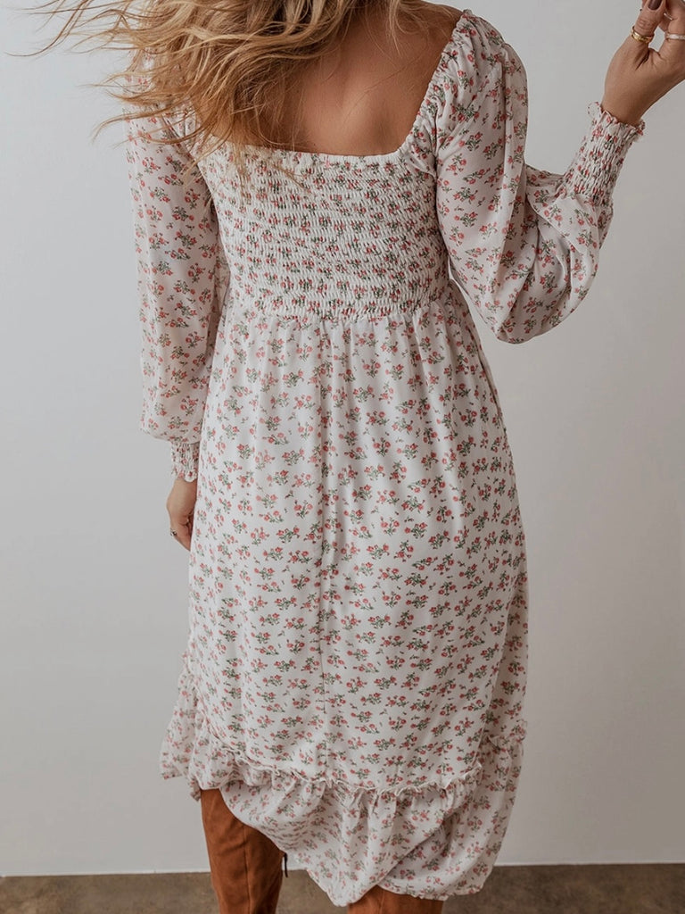 Long Sleeve Smocked  Top Floral Dress, with Square Neckline and Ruffled Hem.