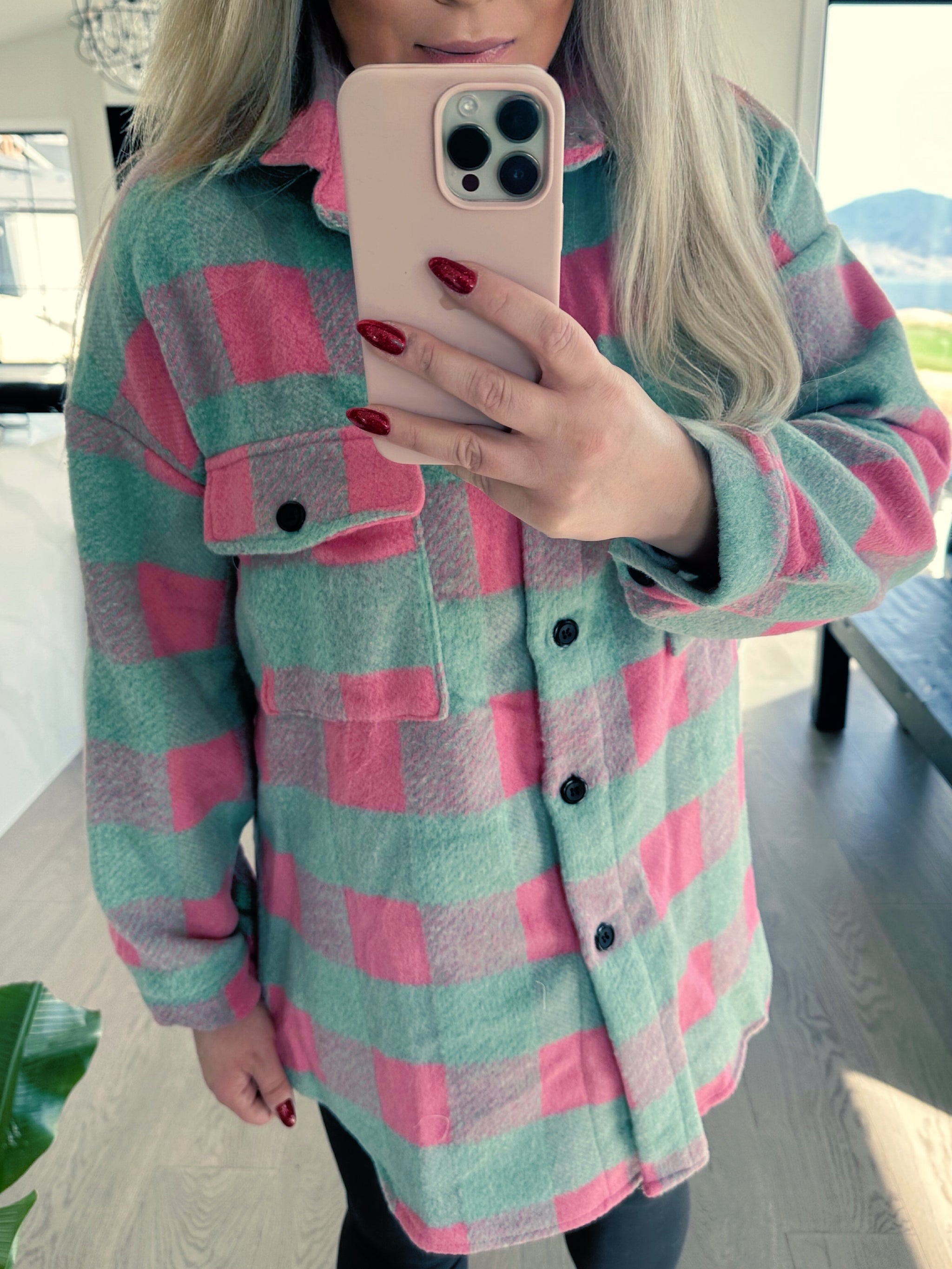 Ocean Side Shacket | Aqua and Pink Plaid Jacket Shacket