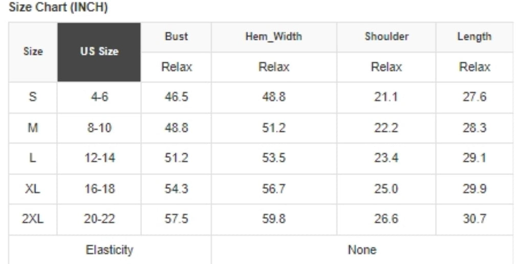 Size Chart for Oversized Puffer Vest