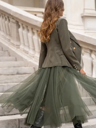 Maxi-length ,Green Tulle ,Tutu Skirt with flattering Flare and Ruffle Details with tie at the front.