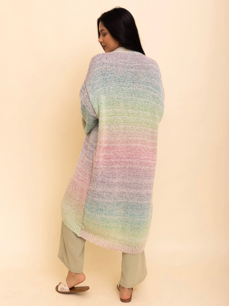  One-size- Ombre Knit Longline Cardigan with the romantic vibrant sunset ombre design.