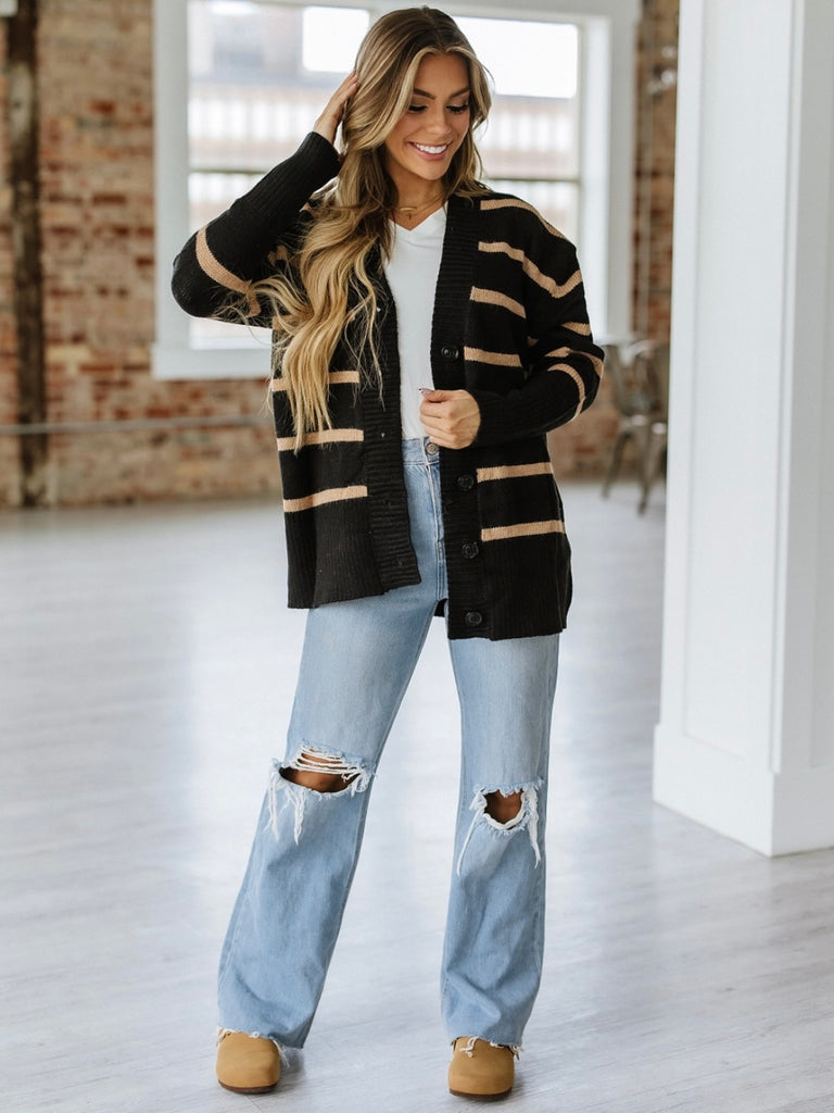 Black with soft neutral-toned Striped Cardigan, with classic V-neckline and a button front ,Relaxed drop shoulder for a casual, comfortable fit.