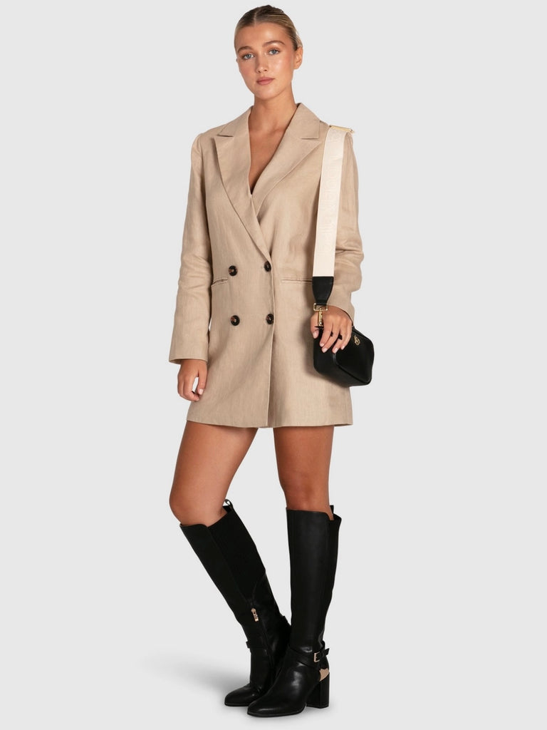 Oversized fit blazer dress in linen can be worn on its own over a mini slip dress or as a jacket with jeans and a crop top