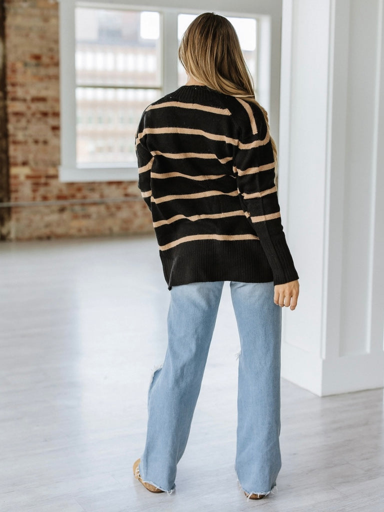 Black with soft neutral-toned Striped Cardigan, with classic V-neckline and a button front ,Relaxed drop shoulder for a casual, comfortable fit.