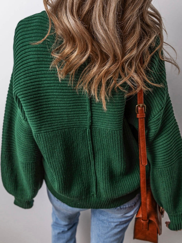 Blackish Green Sweater with Cozy textured knit fabric,
Elegant lantern sleeves and a 
Stylish crew neck design.