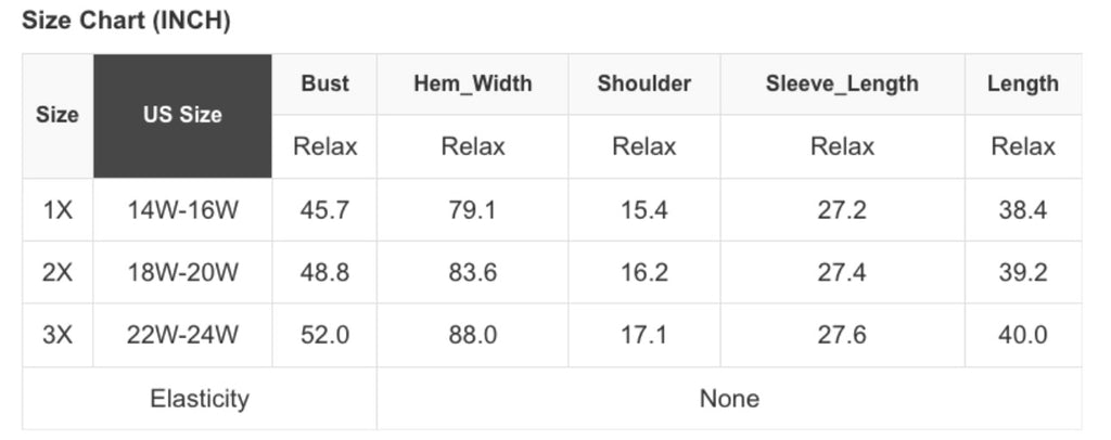 Size Chart for Boho Patched Dress