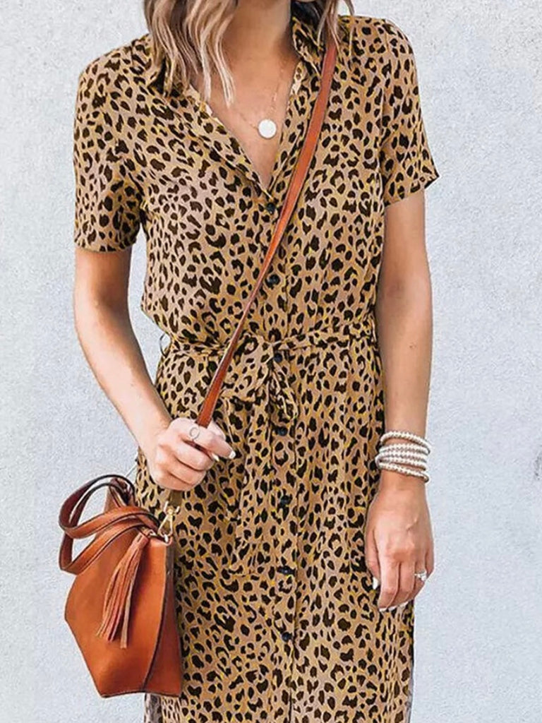  Leopard Print ,lightweight and comfortable shirt dress features a turn-down collar, short sleeves, waist tie, and button closure.