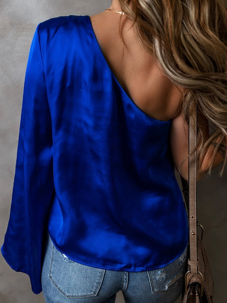 Royal Blue, One Sleeve Top, Crafted from luxurious satin with a flared bell sleeve that adds a touch of retro glam.