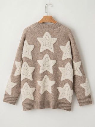 Neutral Tan , relaxed fit Sherpa Star Pattern Cardigan., with  v-neck and front button closure .