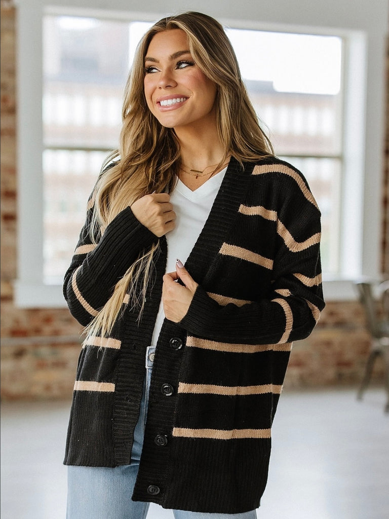  Black with soft neutral-toned Striped Cardigan, with classic V-neckline and a button front ,Relaxed drop shoulder for a casual, comfortable fit.