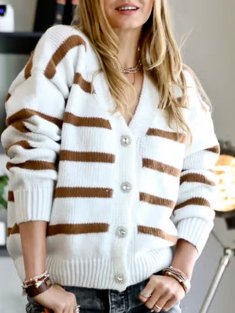 Brown and white stripe cardigan with pretty accent buttons and ribbed hemming.