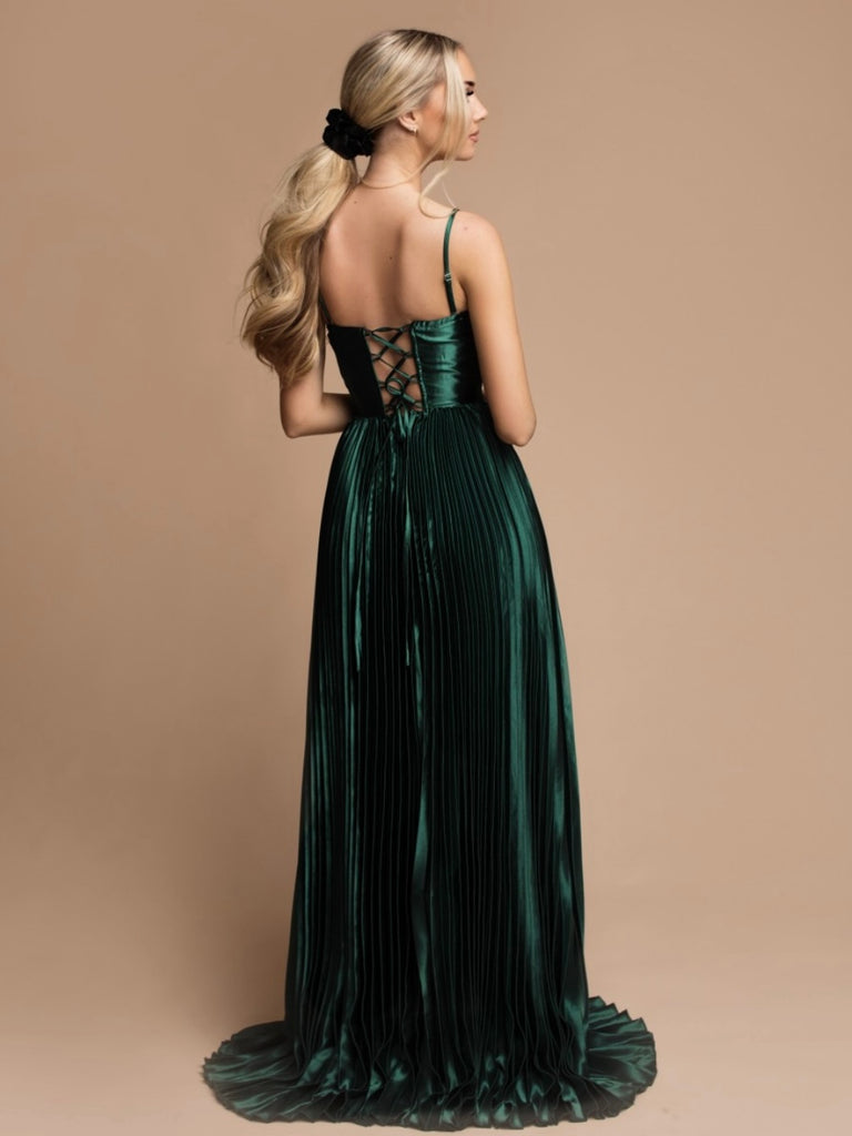 Dark Green  Coloured Satin Dress with Pleated Skirt and Versatile tie back with removable straps.