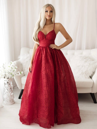 Champagne Gown in a beautiful Bordeaux Red, with full skirt for a stunning silhouette.