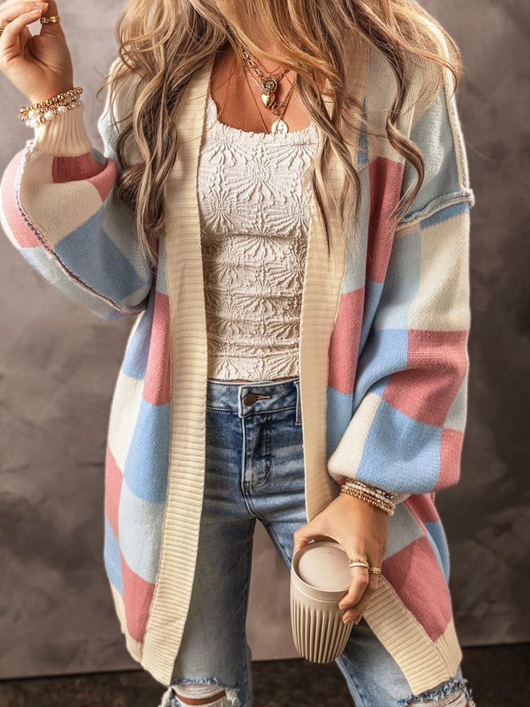 Pastel Pink, Blue, White, and Creamy Yellow Checkered Pattern Cardigan with a Relaxed Silhouette and drop shoulder  and Strategically placed exposed seams for an artisanal vibe.