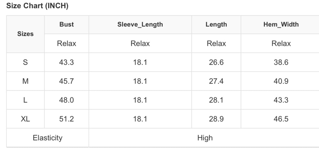 Size Chart for the Exposed Seam Sweater.