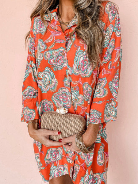  Colourful Shirt Dress, features a vintage floral print and a sophisticated lapel collar.