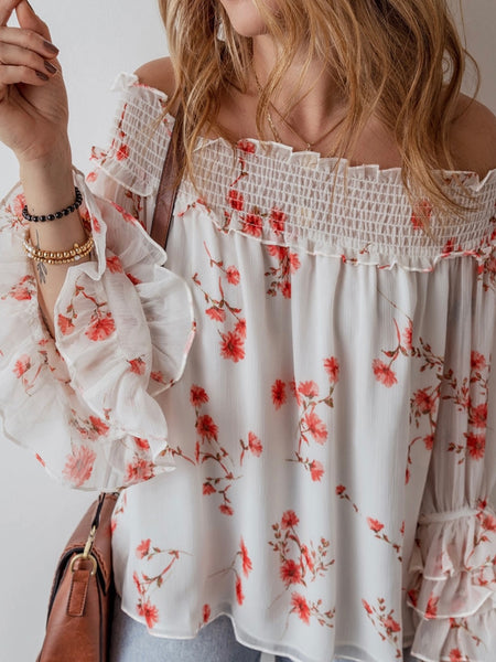  Floral Ruffled sleeves ,Off The Shoulder Top, with delicate shirred detailing, with a comfy loose fit .