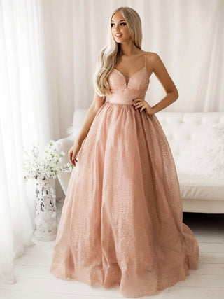 Champagne Gown in a beautiful Champagne colour , features a wide waistband cinching at the waist topped off with fabric that is accented with delicate rhinestones.