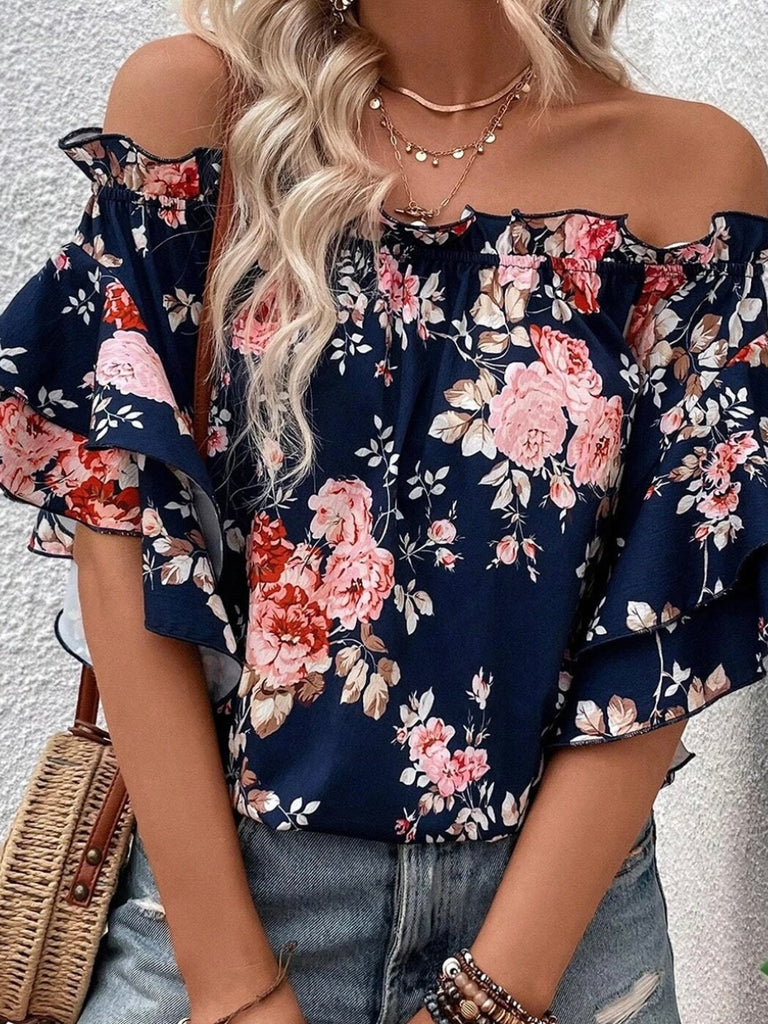 Blue Floral Off The Shoulder design  top with playful ruffle detail. 