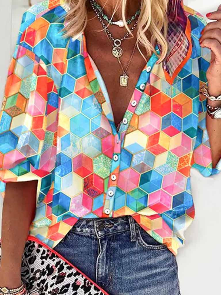 Button down top features a vibrant multicolour box print and 3/4 bubble sleeves , made from 100% Polyester 