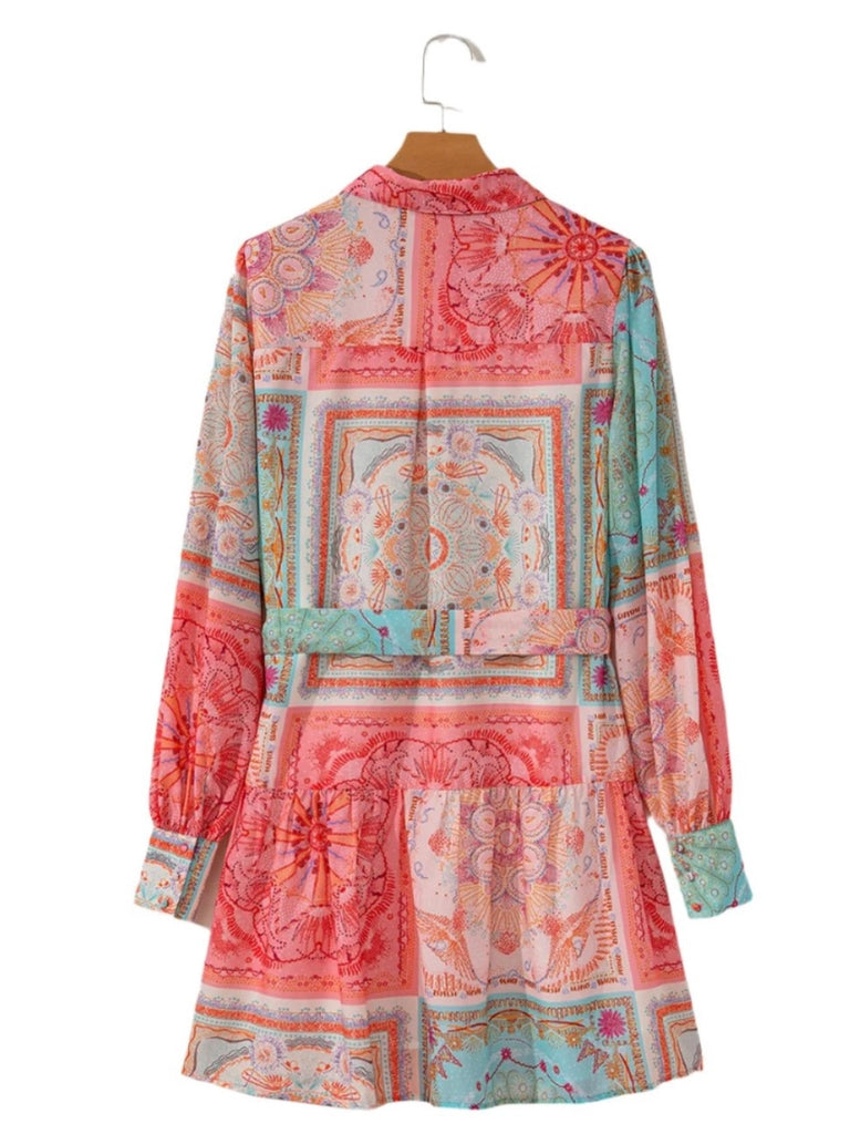 Boho Patches Dress with Bubble Sleeves, Belted Waistline: The belted design cinches your waist, creating a flattering silhouette.
 The colorful blend of patch-style patterns gives the dress a playful yet sophisticated look.