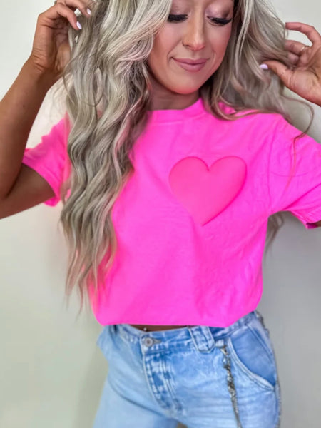 Pink Tee with playful pink puff heart graphic and 50/50 cotton-poly blend is the epitome of cute !