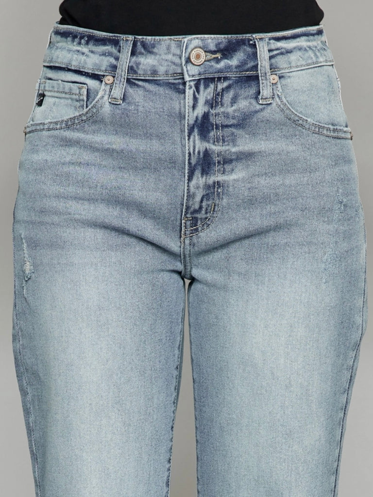 High Rise Slim Wide Leg Jeans lighter fading and whiskering, features a 5-pocket style , single front button closure, and zip fly with frayed hem.