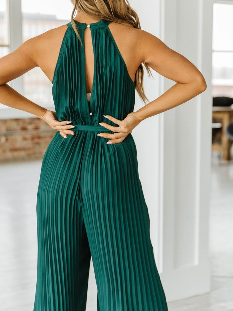 Wide leg , Green Belted Jumpsuit , features a stunning pleated design and a halter neck with keyhole closure.