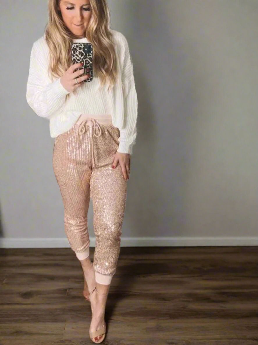 Sequin Jogger in Rose Gold Large