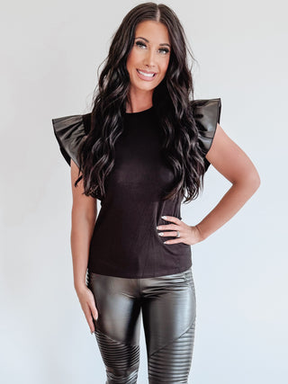 Faux Leather Ruffle Sleeve Top