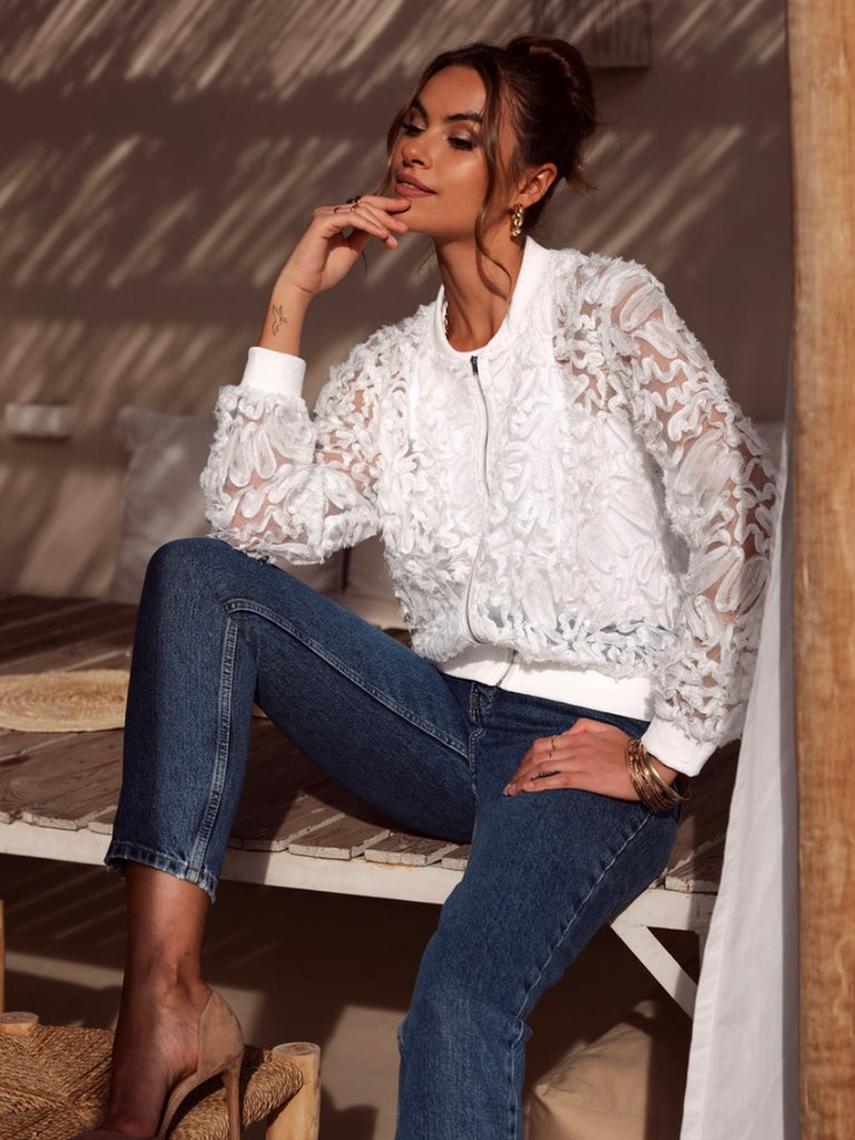 White Lace Bomber Jacket  with subtle sequin detail, Front Zip, and long sleeves.