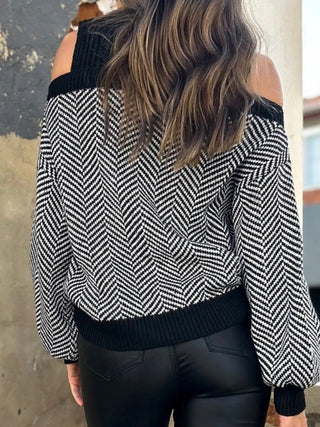 Edgy,  Bold Cold Shoulder Cutouts Ribbed Knit Sweater  ,with Chic Contrast, the black shoulders and black with white colour blocking .