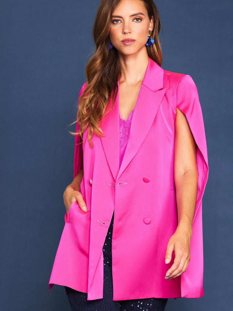 Pink satin double breasted cape blazer with pockets.