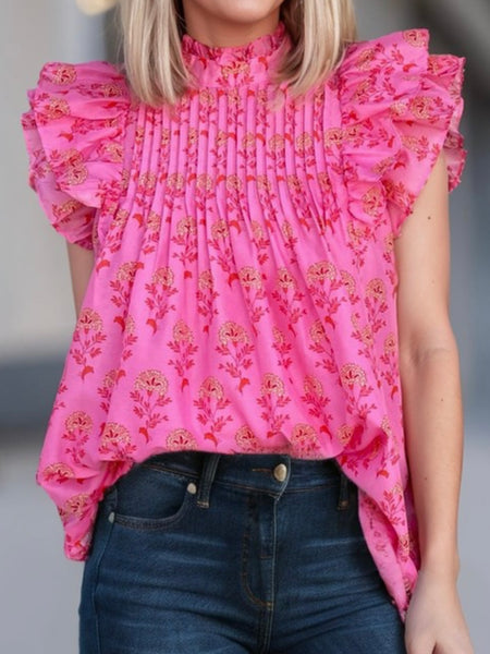 Ruffle pleated blouse in a  red boho floral print.