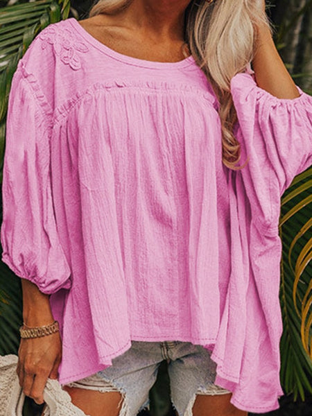  Pink Boho  Loose Fit Blouse with 
intricate lace applique and stylish 3/4 sleeves with a charming babydoll silhouette.