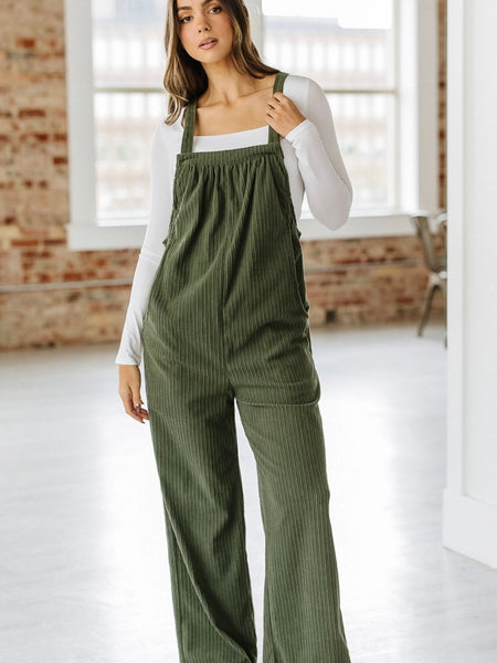 Olive green , loose fit vintage-inspired corduroy Overalls with Multi-pocket design for added functionality.