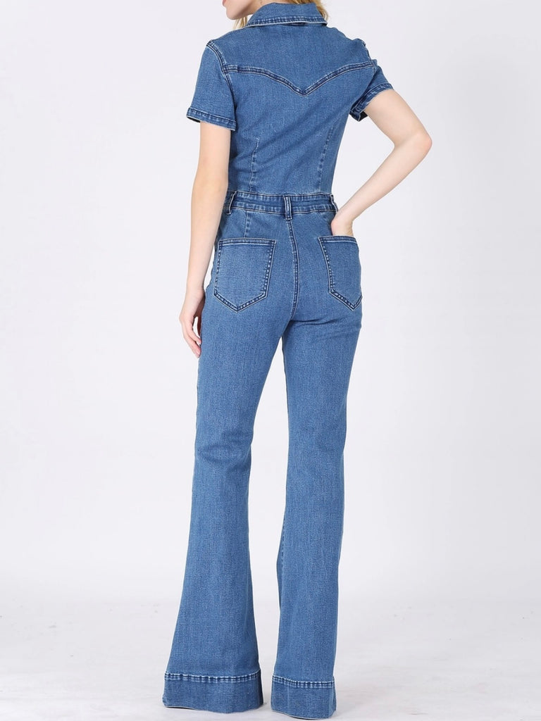 Boho-Inspired Bell Bottom Jumpsuit , with Stretch Denim and functional button-up front practical and stylish.